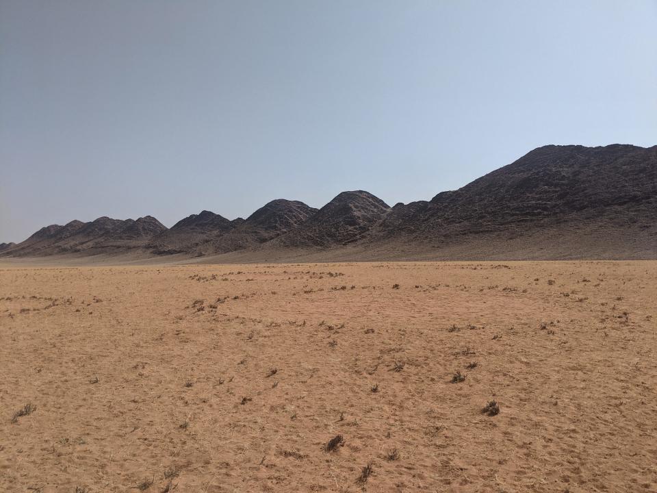 A detail of fairy circles in the sandy landscape of western Namibia near low-lying mountain ranges.