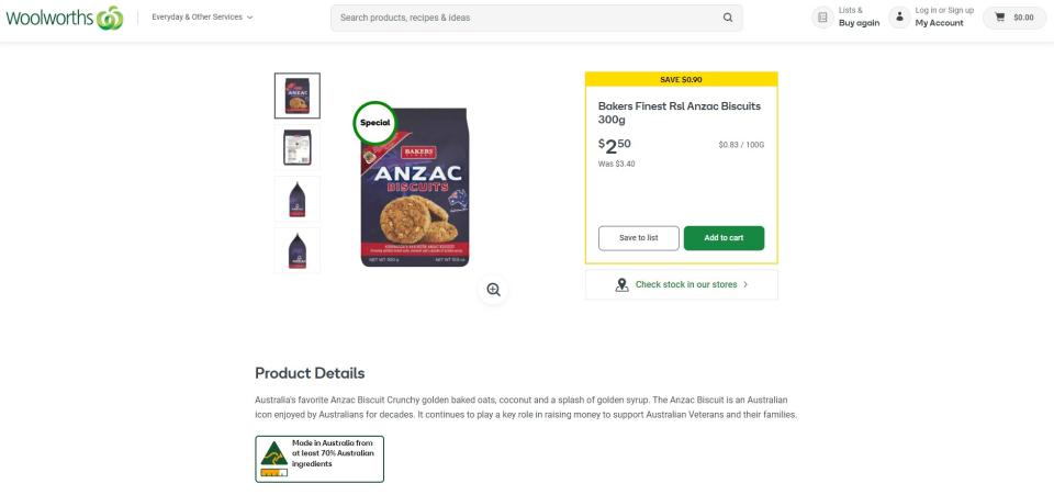 <span>Screenshot showing Anzac biscuits on sale on the Woolworths' website on April 23, 2024</span>