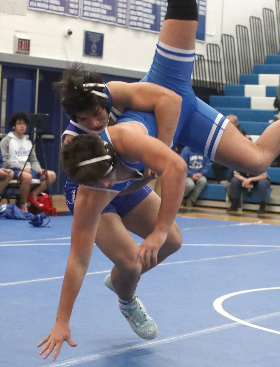 Hen Hud's Kyle Peske defeated Pearl River's Michael Cotter at 190 lbs at the Section 1 Dual Meet Tournament quad-meet at Hendrick Hudson Dec. 12, 2023.