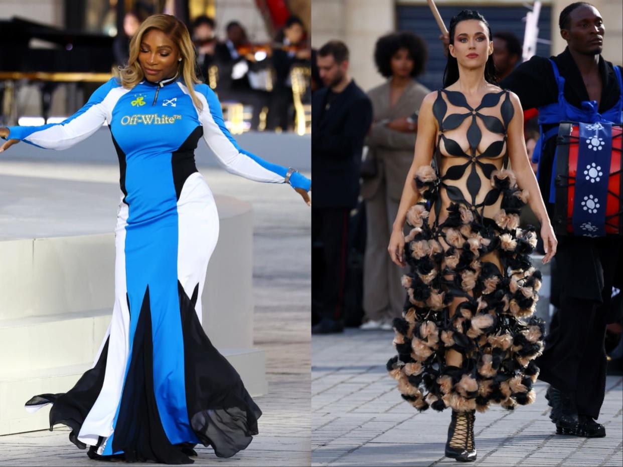 A side-by-side of Serena Williams and Katy Perry at Vogue World 2024.