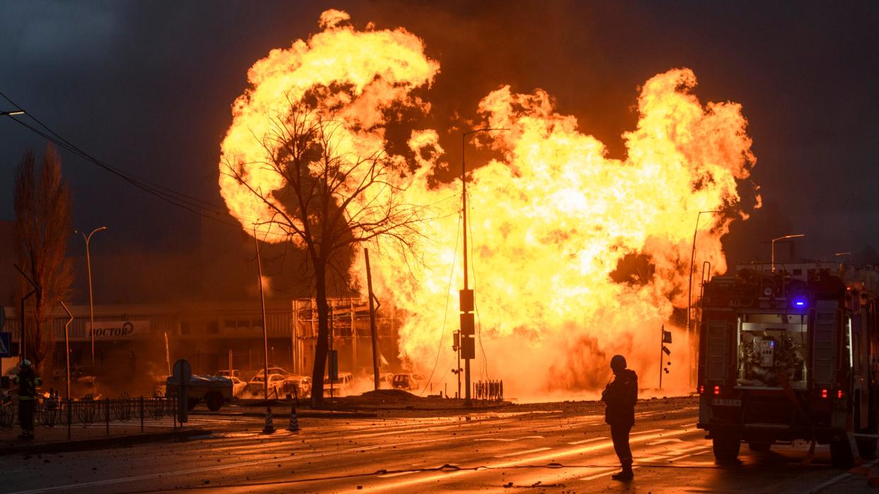 A fire is burning in Kyiv, Ukraine, on January 2, 2024, caused by a Russian missile strike during a massive missile attack this morning.