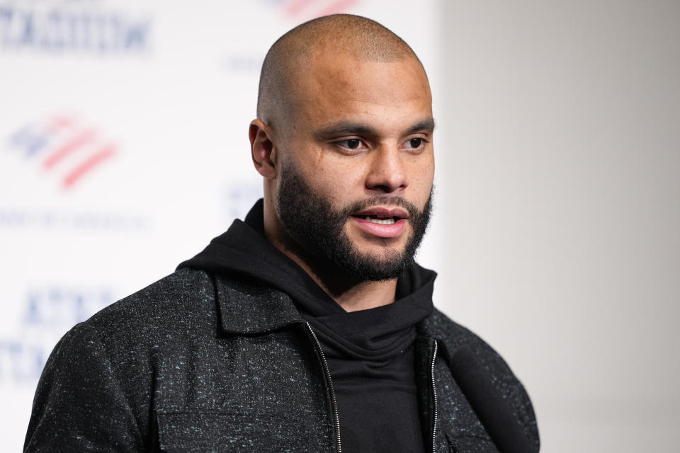 Dallas Cowboys quarterback Dak Prescott speaks to reporters following an NFL football game, Sunday, Jan. 14, 2024, in Arlington, Texas. The Packers won 48-32. (AP Photo/Sam Hodde)