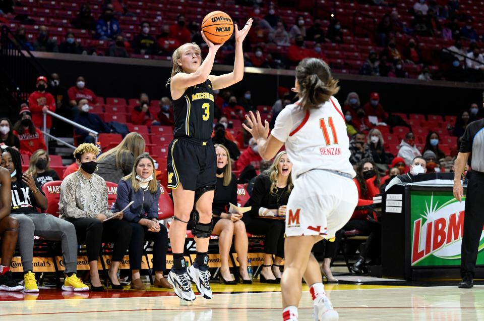 Maddie Nolan of the Michigan Wolverines shoots the ball in the second quarter against Katie Benzan of the Maryland Terrapins at Xfinity Center on Jan. 16, 2022 in College Park, Maryland.