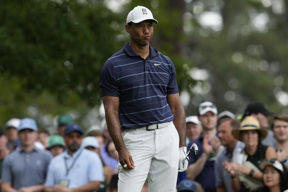 Tiger Woods watches his tee shot on the fourth hole during the second round of the Masters golf tournament at Augusta National Golf Club on Friday, April 7, 2023, in Augusta, Ga. (AP Photo/Mark Baker)