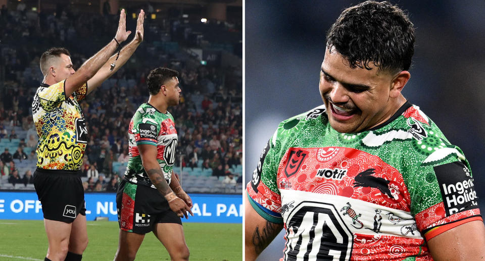 Pictured here, Latrell Mitchell sent to the sin bin for a hip-drop in the Rabbitohs NRL win over the Eels.