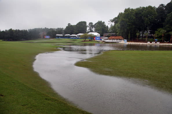 A view of the flooding on the 15th fairway after heavy rains suspended play during the final round of the Wyndham Championship at Sedgefield Country Club on August 19, 2012 in Greensboro, North Carolina. (Photo by Hunter Martin/Getty Images)