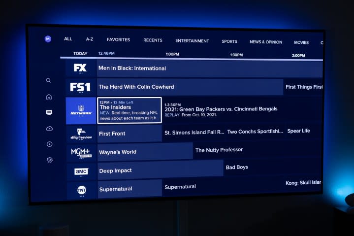 The Sling TV guide as seen on a TV.