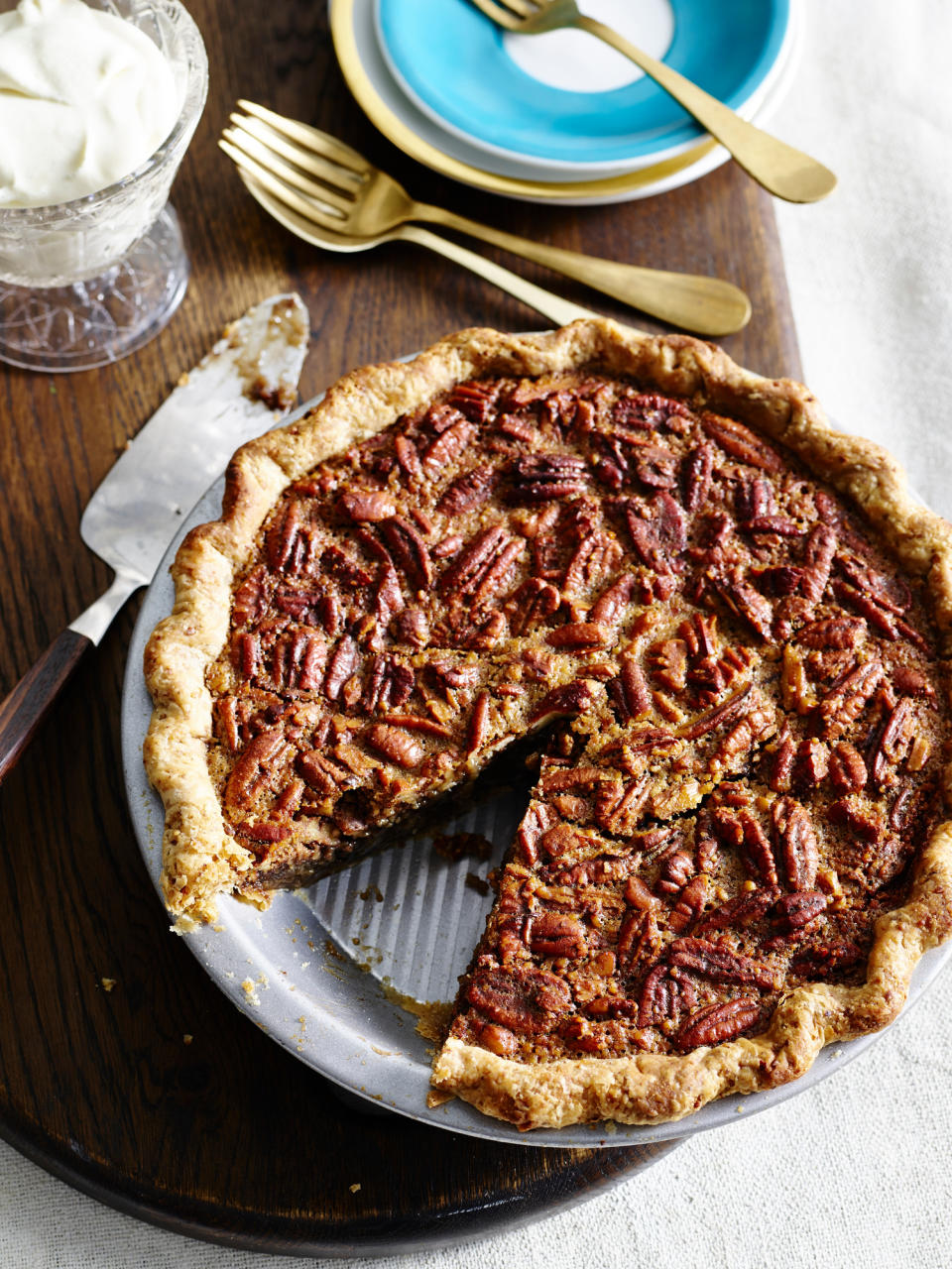 pecan pie with a slice missing