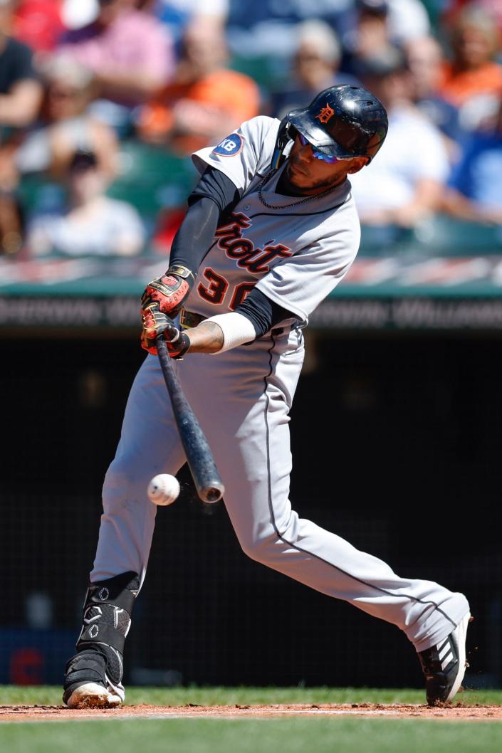 Tigers' Harold Castro grounds out against the Guardians, driving in a run during the first inning in the first game of a doubleheader Monday, Aug. 15, 2022, in Cleveland.