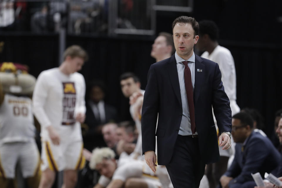 Minnesota head coach Richard Pitino watches during the second half of an NCAA college basketball game against Northwestern at the Big Ten Conference tournament, Wednesday, March 11, 2020, in Indianapolis. Minnesota won 74-57. (AP Photo/Darron Cummings)