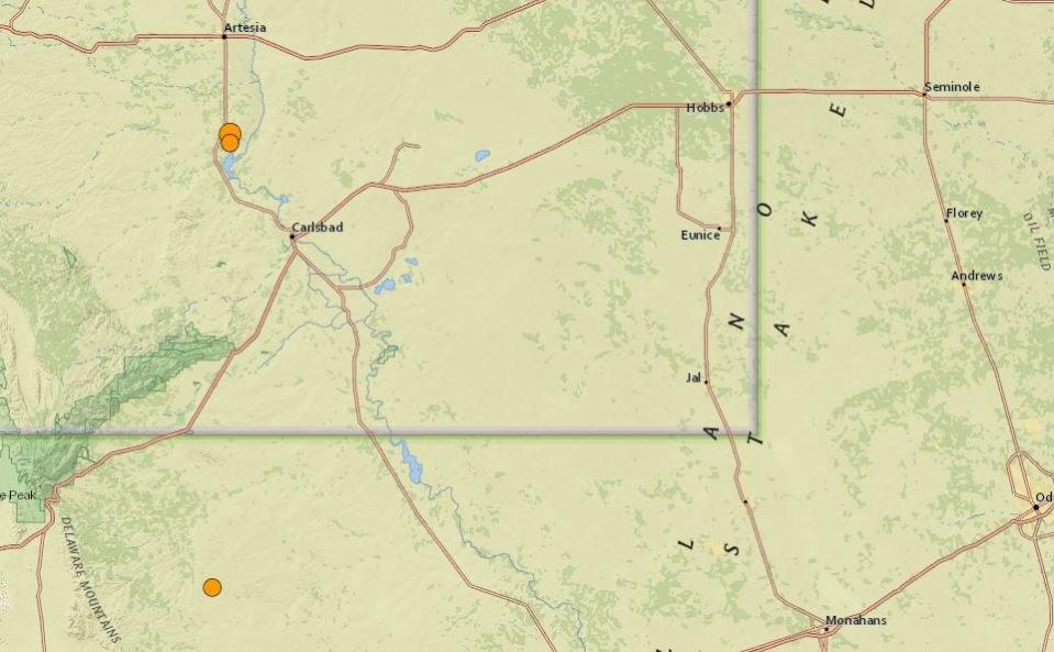 A map of three earthquakes reported Feb. 23, 2024 in southeast New Mexico and West Texas.
