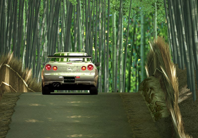 An image of an R34 Nissan Skyline GT-R taken within Gran Turismo 4 using the game's photo mode