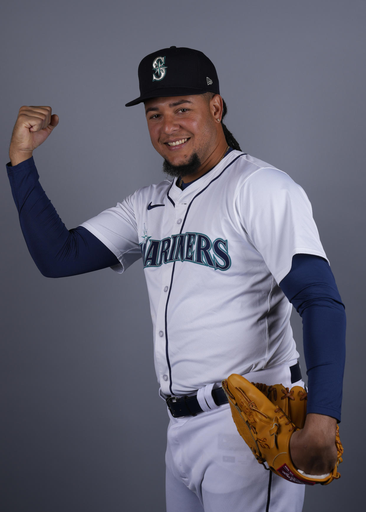 Seattle Mariners pitcher Luis Castillo poses for a portrait Friday, Feb. 23, 2024, in Peoria, Ariz. (AP Photo/Lindsey Wasson)