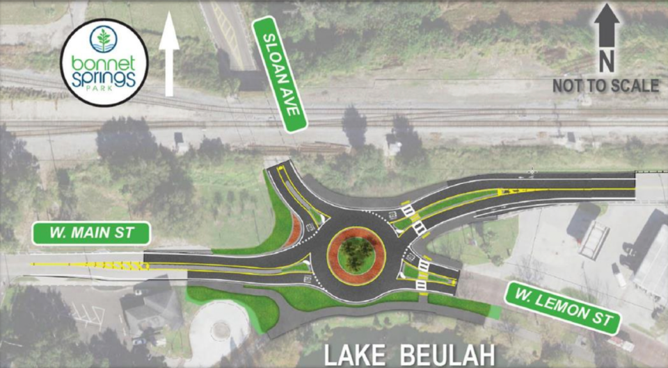 A rendering of what Lakeland's Five Points Roundabout will look like at West Main Street, West Lemon Street and Sloan Avenue once fully constructed. Lakeland officials are expected to vote on the roughly $2.2 million construction contract Monday.