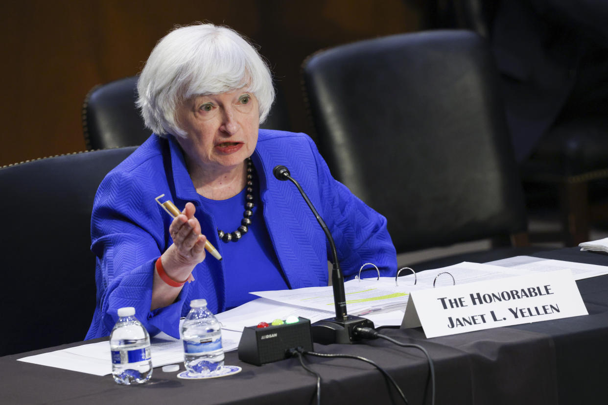 Treasury Secretary Janet Yellen testifies during a Senate Banking, Housing and Urban Affairs Committee hearing on the CARES Act on Capitol Hill, Tuesday, Sept. 28, 2021 in Washington. (Kevin Dietsch/Pool via AP)