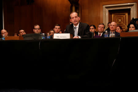 Alex Acosta, President Donald Trump's nominee to be Secretary of Labor, testifies during his confirmation hearing before the Senate Health, Education, Labor, and Pensions Committee on Capitol Hill in Washington, D.C., U.S. March 22, 2017. REUTERS/Aaron P. Bernstein