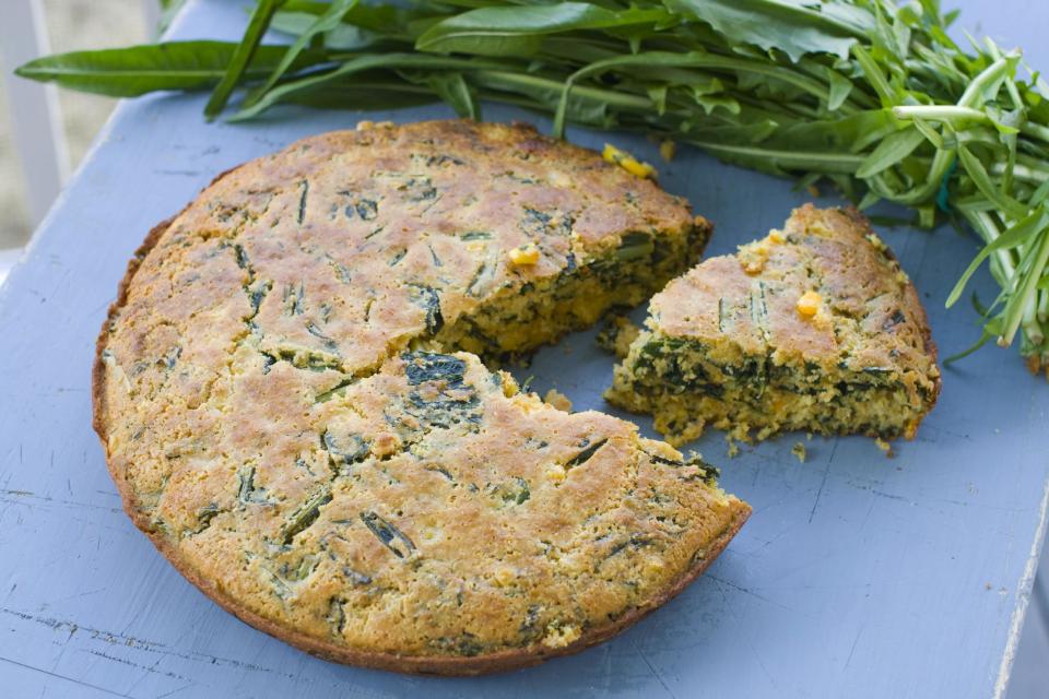 In this undated image, a cumin-dandelion green cornbread is shown in Concord, N.H. (AP Photo/Matthew Mead)