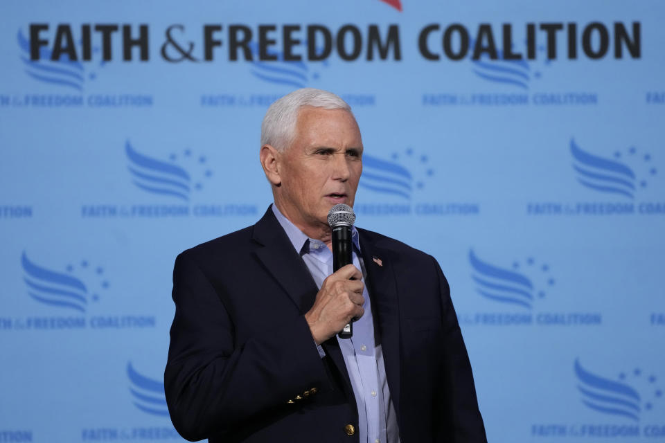 FILE - Former Vice President Mike Pence speaks during the Iowa Faith and Freedom Coalition Spring Kick-Off Saturday, April 22, 2023, in Clive, Iowa. At the Faith & Freedom Coalition’s annual conference in Washington, former President Donald Trump will give the keynote address Saturday night. Many of his Republican rivals are set to speak Friday, including Florida Gov. Ron DeSantis, former Vice President Mike Pence, Sen. Tim Scott and former New Jersey Gov. Chris Christie. (AP Photo/Charlie Neibergall, File)