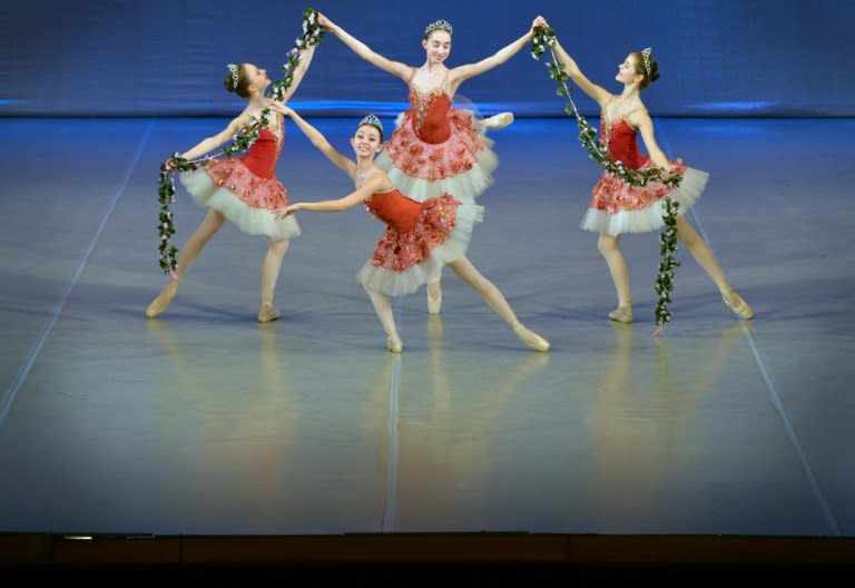 Students perform during a concert at the Bolshoi Ballet Academy in Moscow