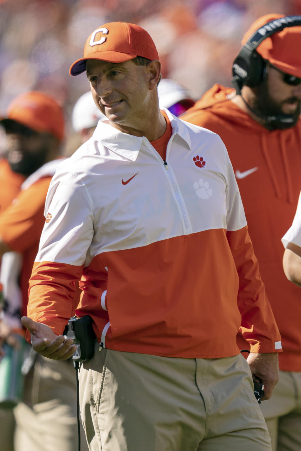 Clemson head coach Dabo Swinney looks on during the first half of an NCAA college football game against Notre Dame, Saturday, Nov. 4, 2023, in Clemson, S.C. (AP Photo/Jacob Kupferman)