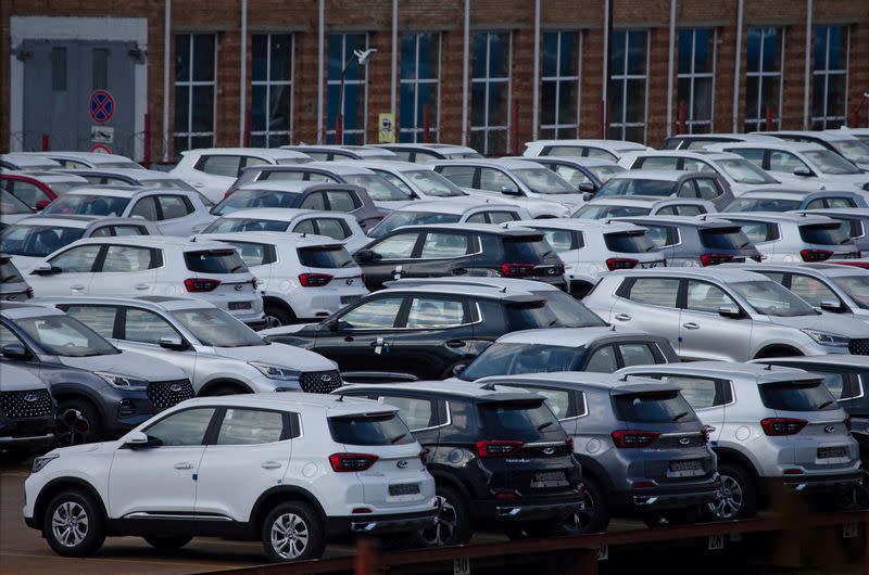 FILE PHOTO: A view shows new cars produced by Chinese automobile manufacturer Chery, in the parking lot of the Sollers plant in Vladivostok