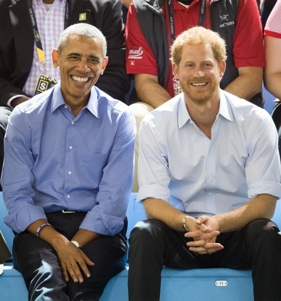 <p>Harry smiles with President Barack Obama at the Invictus Games in Toronto.</p>