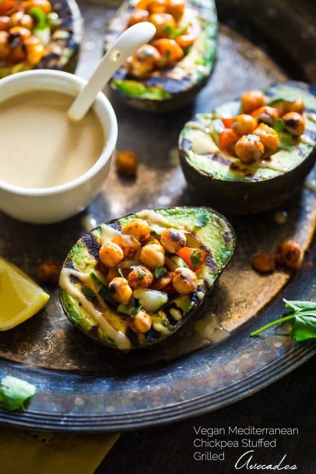 Mediterranean Grilled Avocado Stuffed With Chickpeas And Tahini