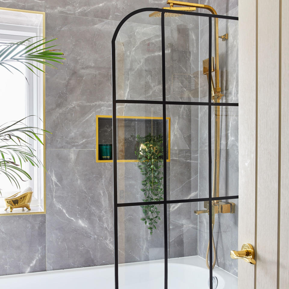 Bathroom with crittall-style shower screen and gold shower fitting