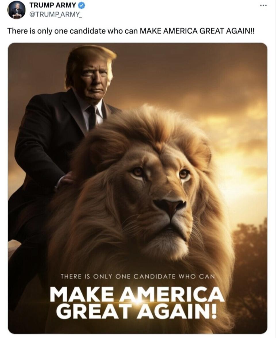 Among the brazen AI-generated images shared by Trump in recent weeks was of himself, suited and serious, astride a large male lion (Truth Social)