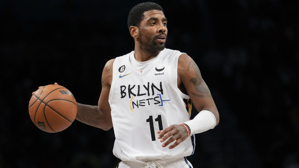 Brooklyn Nets guard Kyrie Irving during the second half of an NBA basketball game, Saturday against the New York Knicks, Jan. 28, 2023, in New York. The Nets won 122-115. (AP Photo/Mary Altaffer)