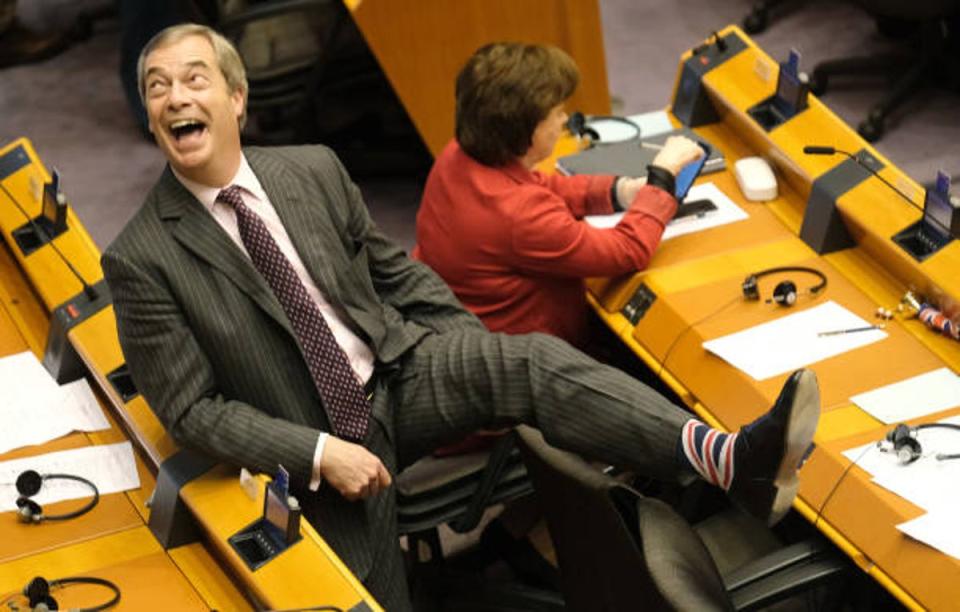 Nigel Farage shows off his socks at a European Parliament session in Brussels, Belgium, on January 29, 2020 (Sean Gallup/Getty Images)