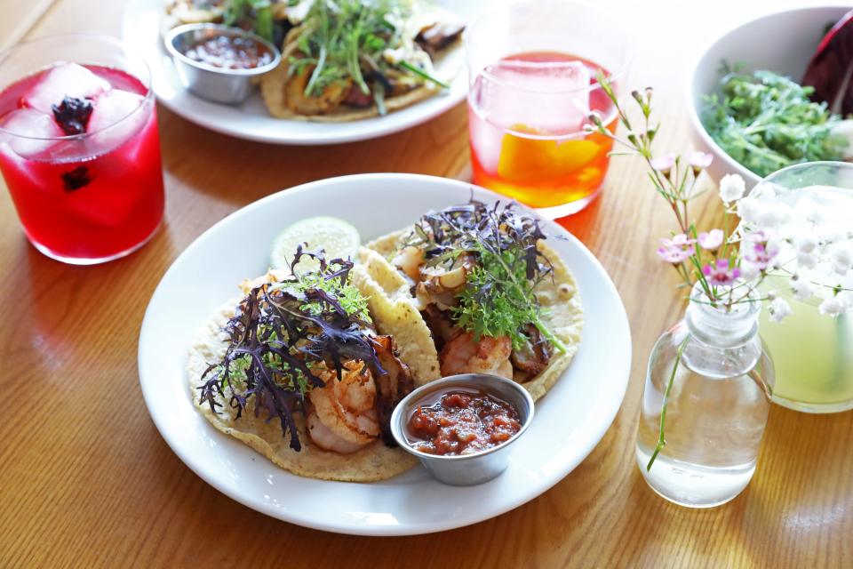 Shrimp tacos with butter, sage, avocado, sunchoke, Japanese turnip, mustard green, salsa tatemada and lime at Mariachi Mexico, a farm-to-table Mexican restaurant in Armonk, Dec. 14, 2023.