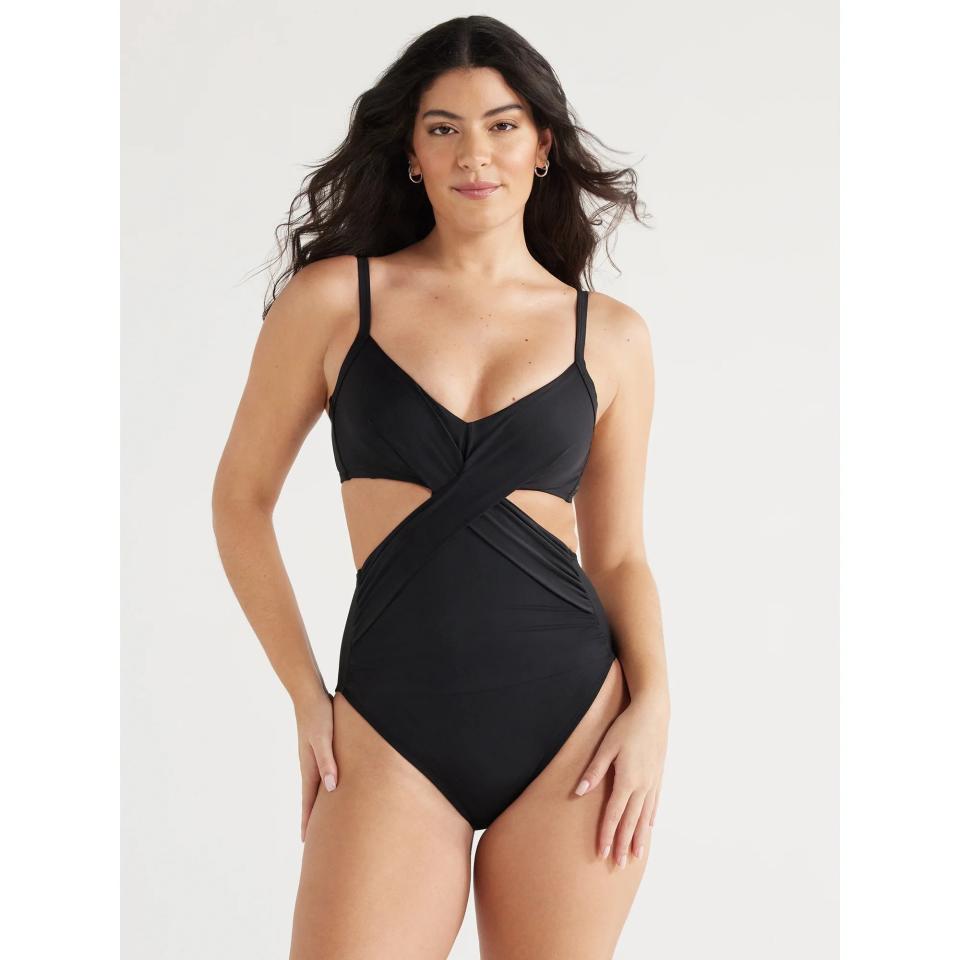 model wearing black crisscross walmart one piece