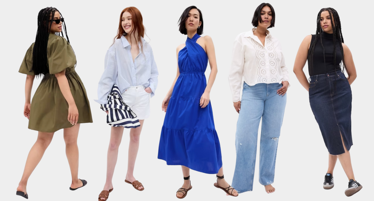 gap models in green dress, button down, blue dress, white blouse, denim skirt, Gap is having a massive summer sale — save 50% (photos via Gap)