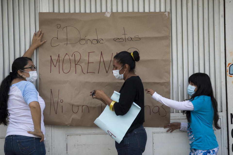 <p>Neighbors hang a sign that reads in Spanish: “Where is Morena?” referring to a political party in charge of the local government in San Gregorio Atlapulco, Mexico, Friday, Sept. 22, 2017, three days after an earthquake. Mexican officials are promising to keep up the search for survivors as rescue operations stretch into a fourth day following Tuesday’s major earthquake that devastated Mexico City and nearby states. (AP Photo/Moises Castillo) </p>