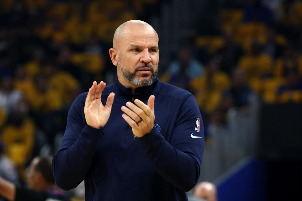 SAN FRANCISCO, CALIFORNIA - MAY 20: Head coach Jason Kidd of the Dallas Mavericks reacts to a play during the first quarter against the Golden State Warriors in Game Two of the 2022 NBA Playoffs Western Conference Finals at Chase Center on May 20, 2022 in San Francisco, California. NOTE TO USER: User expressly acknowledges and agrees that, by downloading and/or using this photograph, User is consenting to the terms and conditions of the Getty Images License Agreement. (Photo by Harry How/Getty Images)