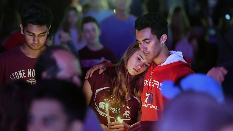 Thousands attend an interfaith service at Pine Trails Park in Parkland, Fla., to remember the 17 victims killed last year at Marjory Stoneman Douglas High School, on Thursday, Feb. 14, 2019. (Michael Laughlin/Sun Sentinel/TNS via Getty Images)