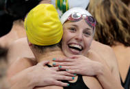 LONDON, ENGLAND - JULY 28: (from R) Alicia Coutts and Brittany Elmslie of Australia celebrate after they won the Final of the Women's 4x100m Freestyle Relay on Day 1 of the London 2012 Olympic Games at the Aquatics Centre on July 28, 2012 in London, England. (Photo by Adam Pretty/Getty Images)