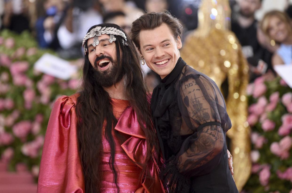 Harry Styles, right, and designer Alessandro Michele attend The Metropolitan Museum of Art's Costume Institute benefit gala celebrating the opening of the "Camp: Notes on Fashion" exhibition on Monday, May 6, 2019, in New York.