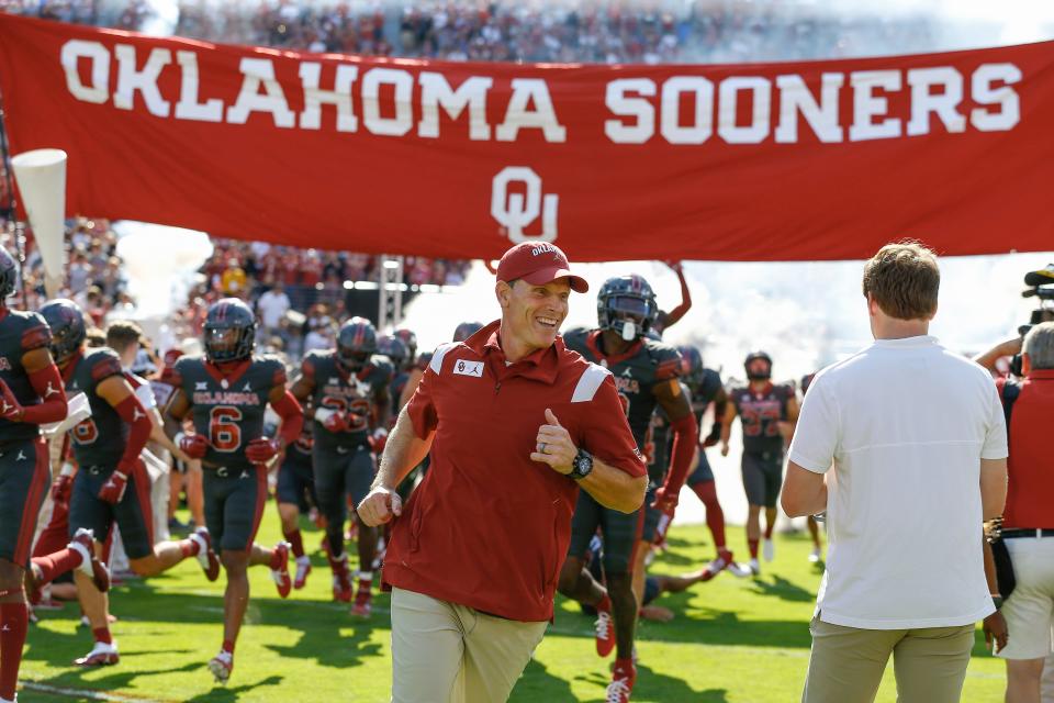 OU head coach Brent Venables leads his team onto the field before facing Kansas on Oct. 15 in Norman.