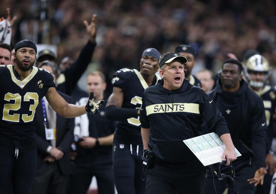 Jan 20, 2019: New Orleans Saints head coach Sean Payton (right) reacts after a pass play against the Los Angeles Rams during the fourth quarter of the NFC Championship game at Mercedes-Benz Superdome.