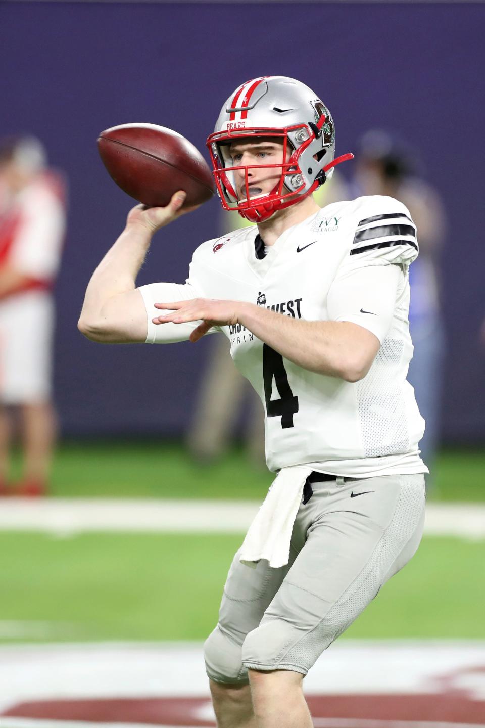 East quarterback EJ Perry (4) of Brown passes against the West during the East West Shrine Bowl football game at Allegiant Stadium in Las Vegas, Thursday, Feb. 3, 2022. (AP Photo/Gregory Payan)