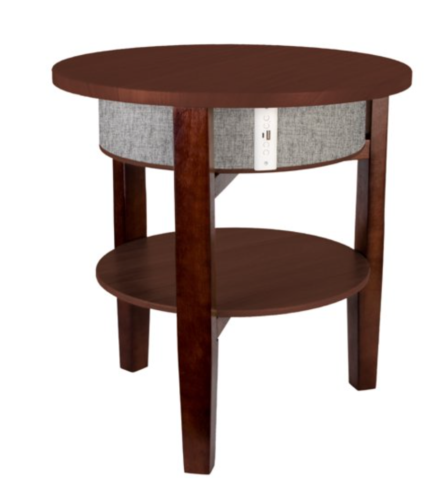 Round wooden end table with a gray cloth covered speaker below the top tier.