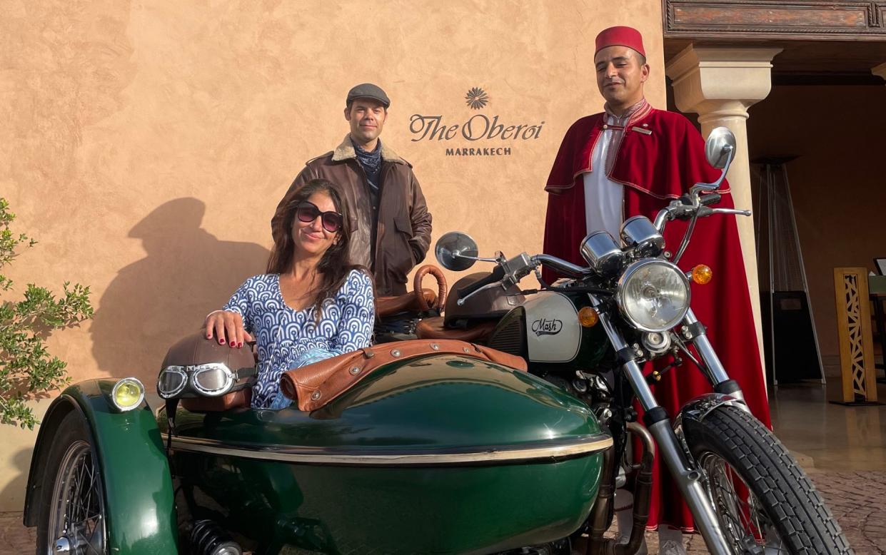 Sarah Rodrigues in a sidecar outside Marrakech Oberoi, Morocco holidays travel - Sarah Rodrigues