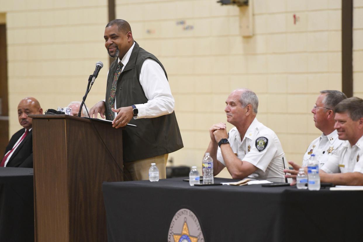 FILE - Richmond County Sheriff Richard Roundtree addresses the public during a town hall at Warren Road Community Center on Tuesday, July 11, 2023. The ability and willingness of the sheriff's office to remove people who over-stay at hotels has been a months long discussion at the Augusta Commission.