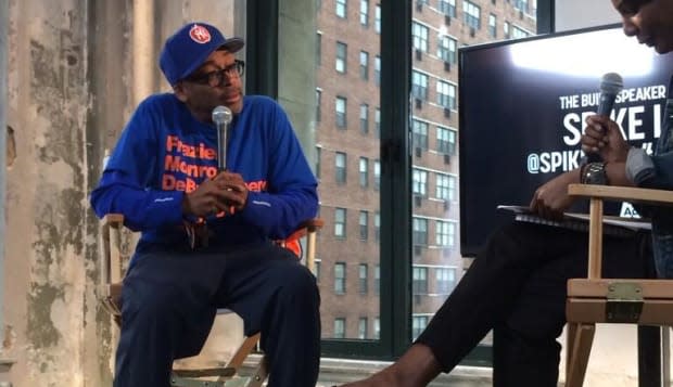 <b class="credit">Twitter, @blackvoices</b>Spike Lee speaking at the AOL offices.