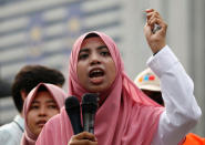 Organizer of student activists Anis Syafiqah Md Yusof speaks to participants near Dataran Merdeka, or Independence Square, during a march to call for the arrest of "Malaysian Official 1" in Kuala Lumpur, Malaysia August 27, 2016. REUTERS/Edgar Su