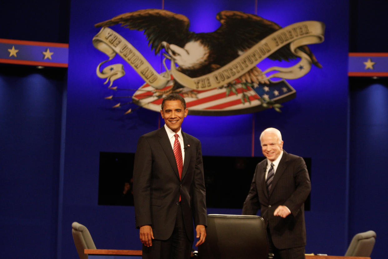 Then Democratic presidential candidates Sen. Barack Obama (D-Ill.) and Sen. John McCain (R-Ariz.) appear during the third and final presidential debate at Hofstra University in Hempstead, N.Y., on Oct. 15, 2008. (Damon Winter/The New York Times)
