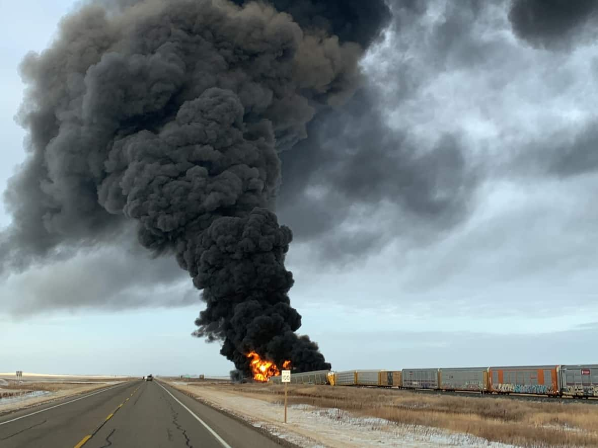 The state of emergency in the rural municipality of Cymri No. 36 is still in effect Friday morning, following a trail derailment in the area Thursday. (Amber Mantei/Facebook - image credit)