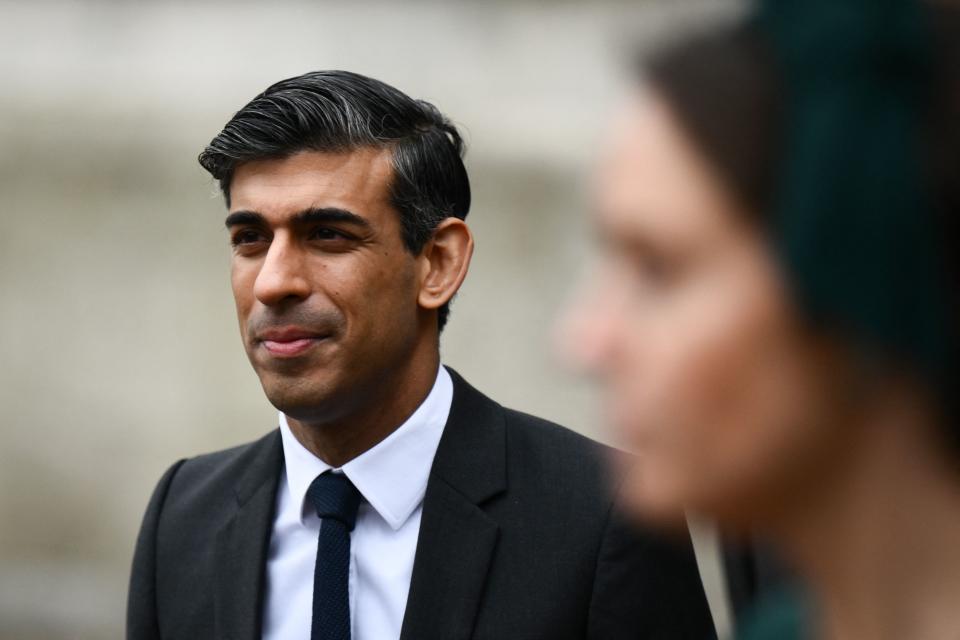 Britain's Chancellor of the Exchequer Rishi Sunak leaves after attending a Service of Thanksgiving for Britain's Prince Philip, Duke of Edinburgh, at Westminster Abbey in central London on March 29, 2022. - A thanksgiving service will take place on Tuesday for Queen Elizabeth II's late husband, Prince Philip, nearly a year after his death and funeral held under coronavirus restrictions. Philip, who was married to the queen for 73 years, died on April 9 last year aged 99, following a month-long stay in hospital with a heart complaint. (Photo by Daniel LEAL / AFP) (Photo by DANIEL LEAL/AFP via Getty Images)